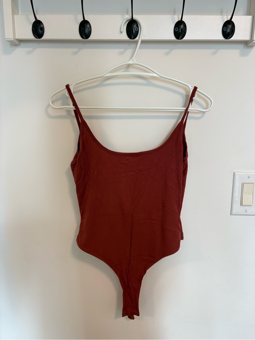 Rust Red Ribbed Scoop Neck open back Bodysuit - Women